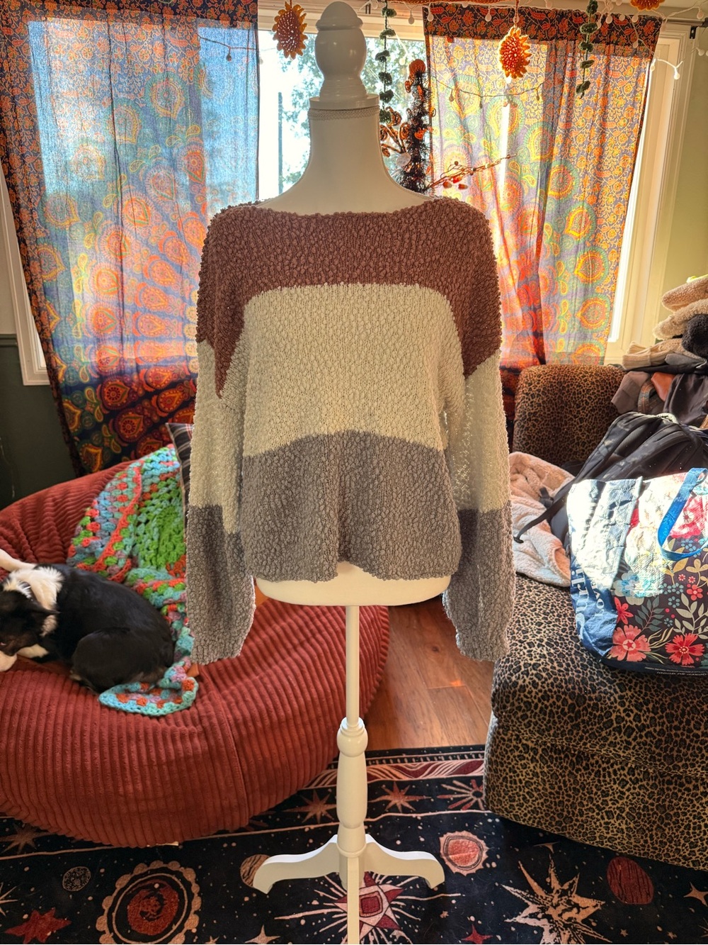 Altar'd State Cozy Colorblock Popcorn Sweater - Mauve, Cream & Light Gray